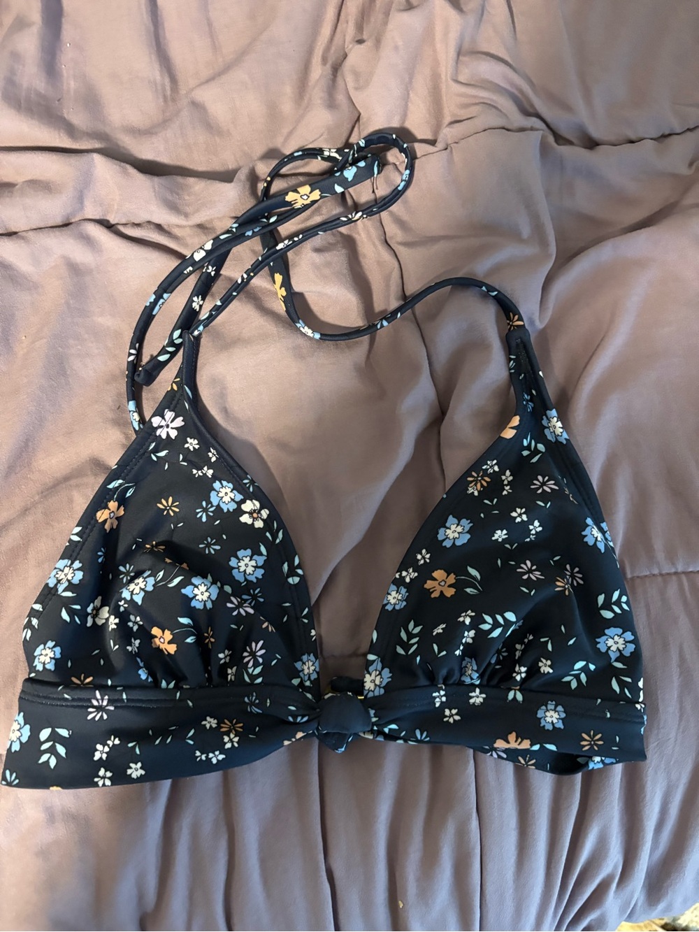 Xhilaration Black Floral Triangle Bikini Top - Blue & Yellow Flowers